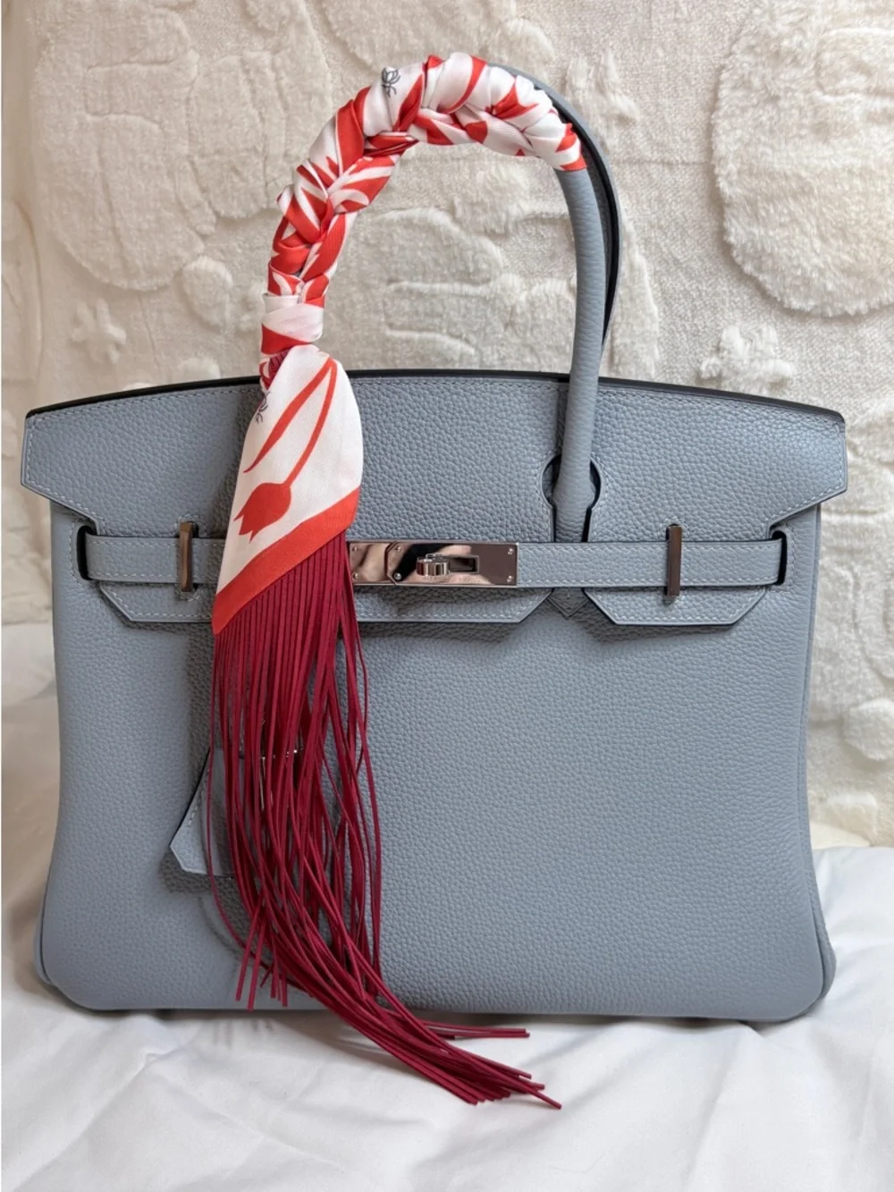 White Flowers on Orange Fringe Handbag Twilly Purse scarf